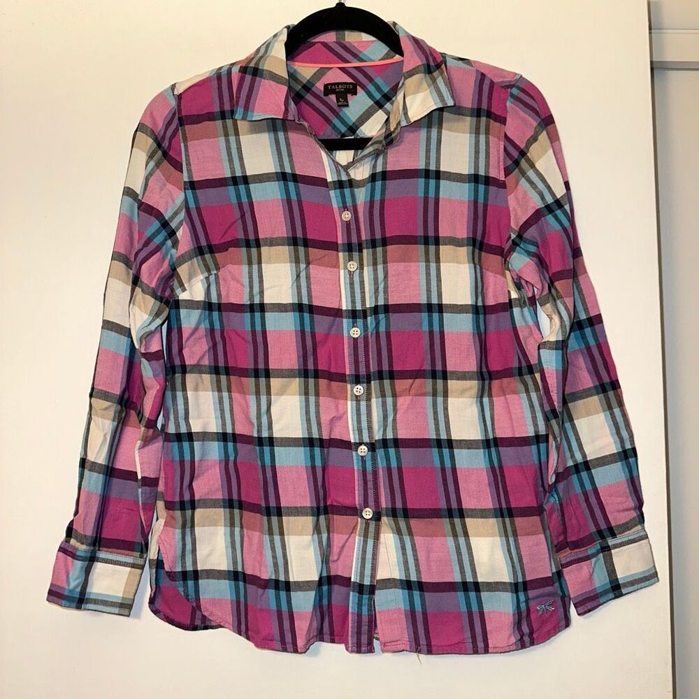 Talbots Petites Women’s Small Collated Button Down Blouse Plaid Pink White Teal
